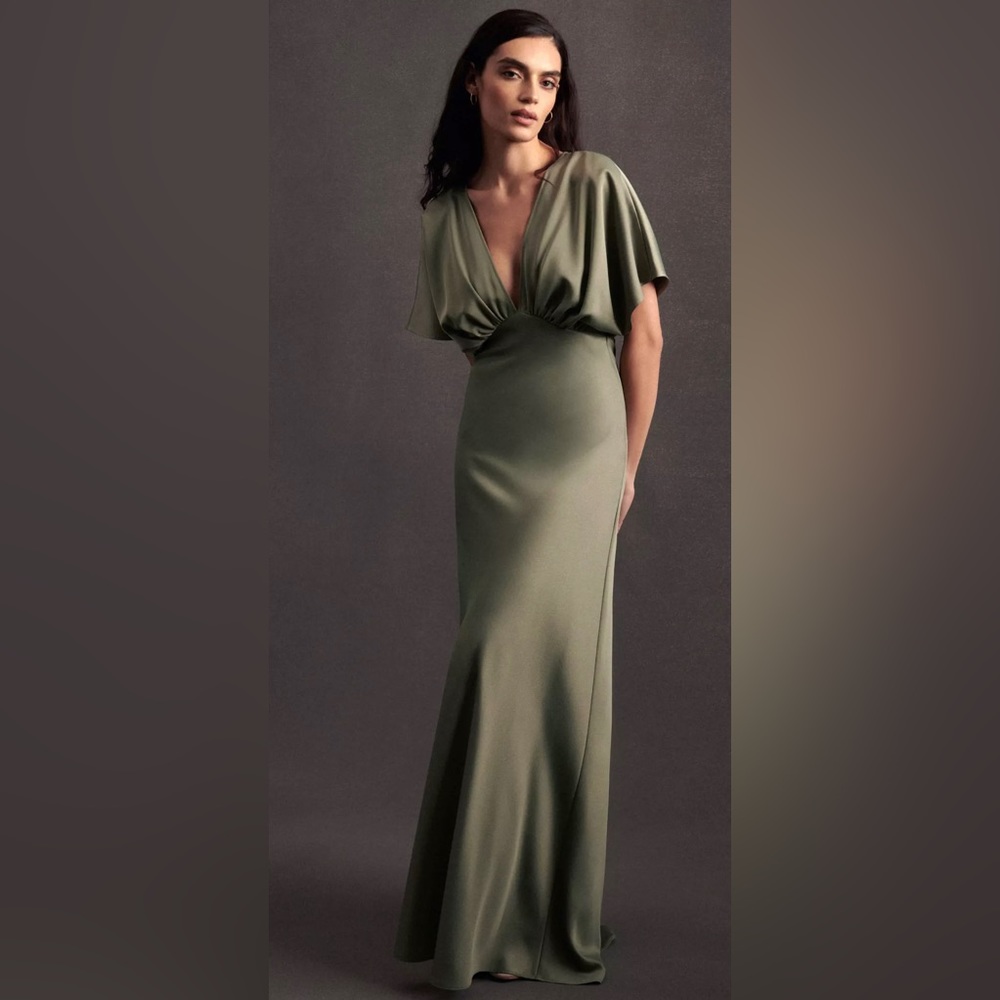 BHLDN Leila Deep-V Flutter-Sleeve Satin A-Line Gown in color Moss Size 6